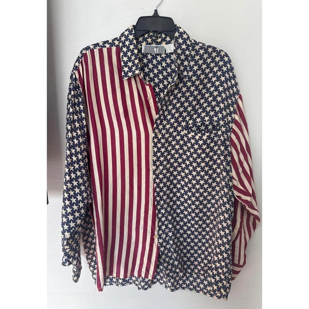 Addiction 100% Silk Stars & Stripes Button Up Shirt Patriotic Vintage